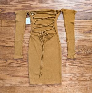 Mustard Off the Shoulder Lace Tie Up Open Back Bodycon Dress MystiqueBoutiqueNYC
